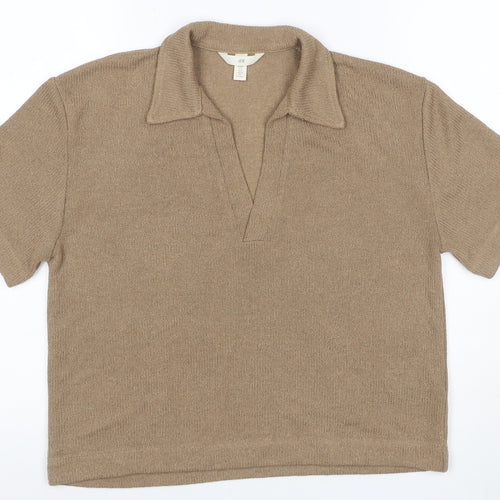 H&M Women Beige UK 10 Collared V-Neck Short Sleeve Alpaca Blend Jumper