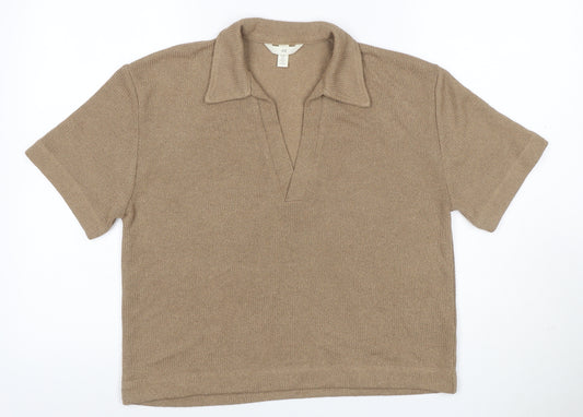 H&M Women Beige UK 10 Collared V-Neck Short Sleeve Alpaca Blend Jumper