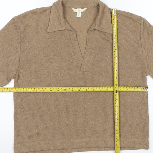 H&M Women Beige UK 10 Collared V-Neck Short Sleeve Alpaca Blend Jumper