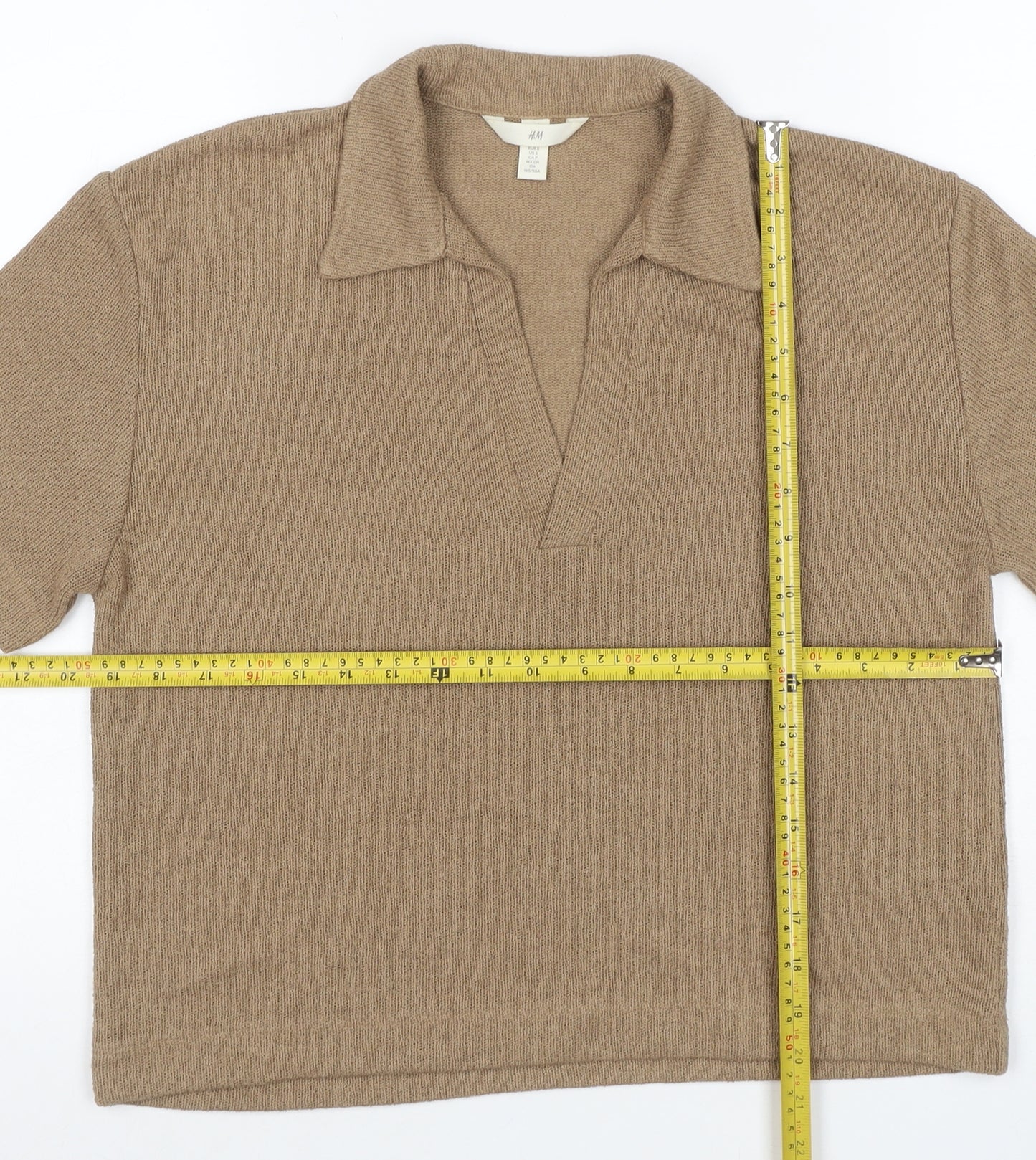 H&M Women Beige UK 10 Collared V-Neck Short Sleeve Alpaca Blend Jumper