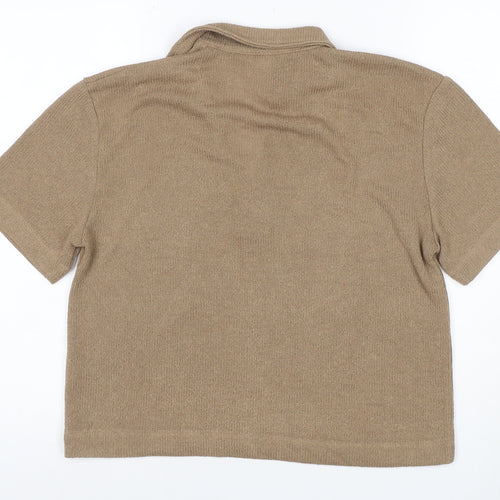 H&M Women Beige UK 10 Collared V-Neck Short Sleeve Alpaca Blend Jumper