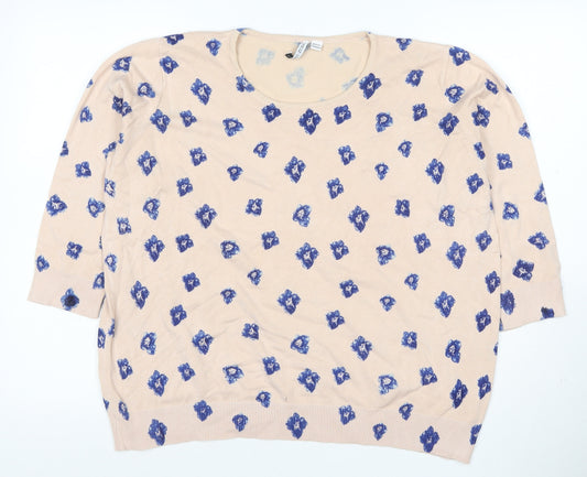 Capsule Women’s Beige Blue Floral Knit Pullover Jumper UK 22 3/4 Sleeve