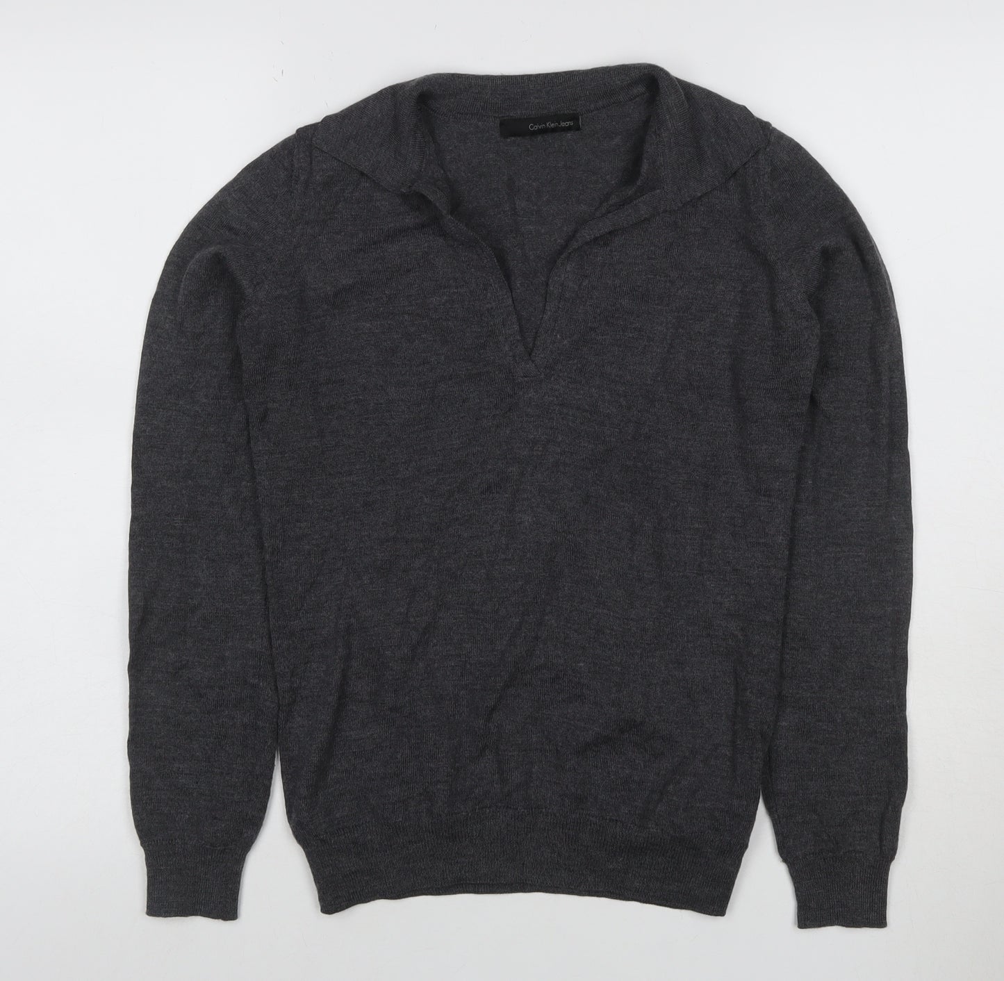 Calvin Klein Jeans Women Grey L Wool Blend Collared V-Neck Jumper