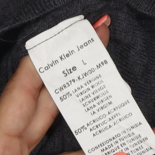 Calvin Klein Jeans Women Grey L Wool Blend Collared V-Neck Jumper