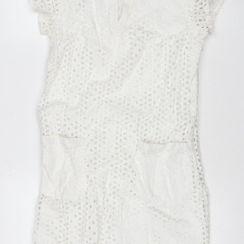 Joules Women White Cotton Broderie Shift Dress UK 12 Knee Length