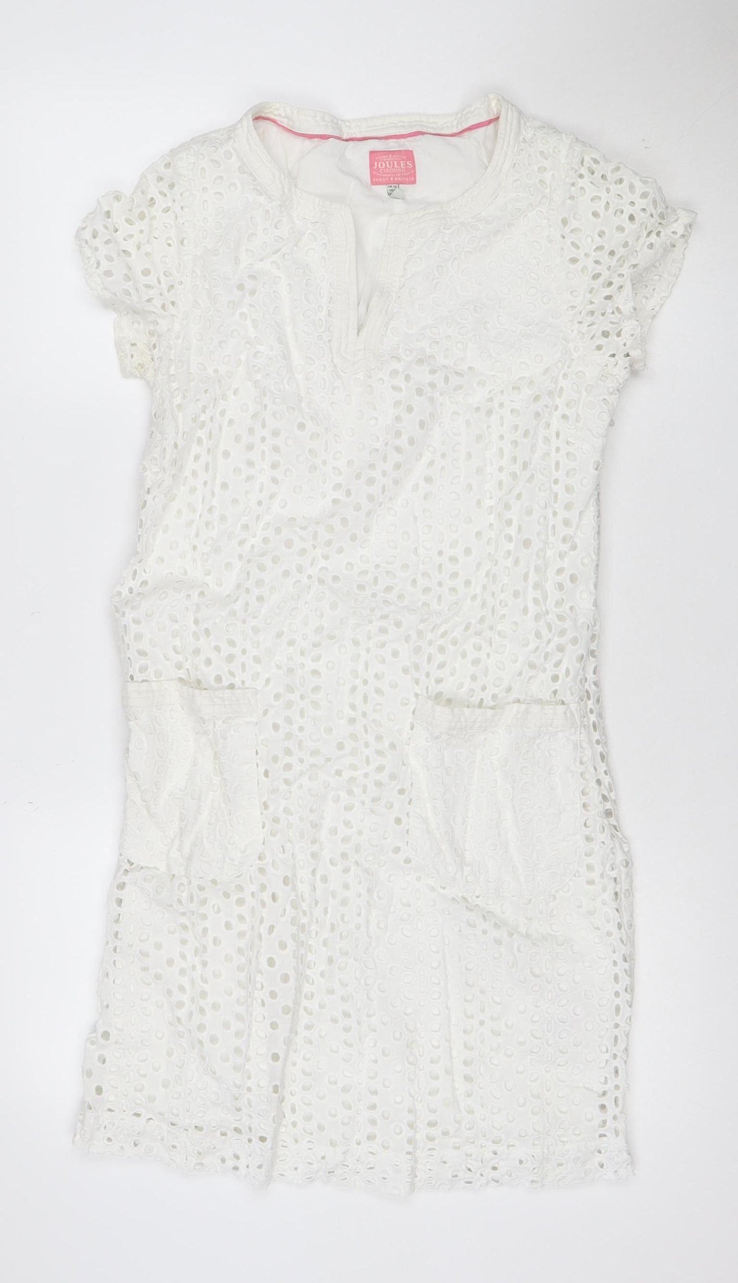 Joules Women White Cotton Broderie Shift Dress UK 12 Knee Length