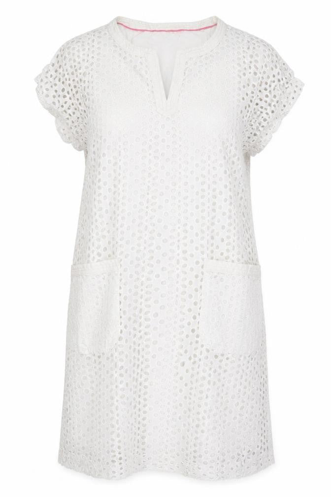 Joules Women White Cotton Broderie Shift Dress UK 12 Knee Length