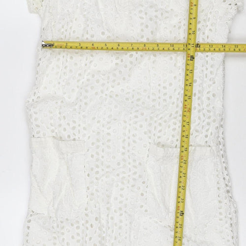 Joules Women White Cotton Broderie Shift Dress UK 12 Knee Length