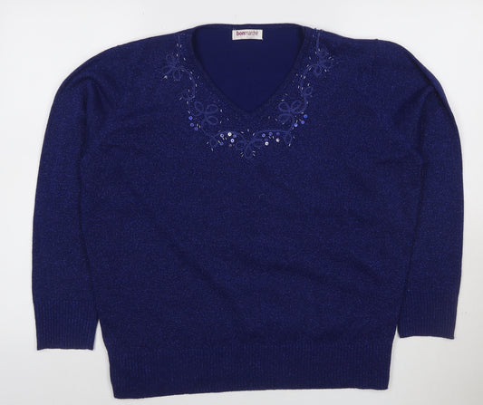 Bonmarché Women’s Blue L Sparkle Embellished V-Neck Knit Jumper