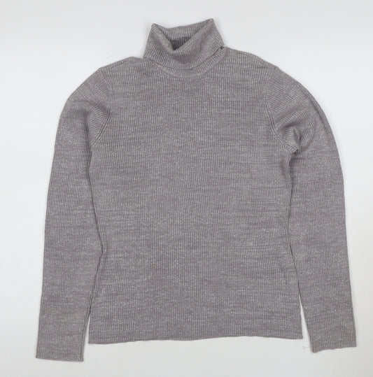 Style & Co. Women’s Silver Metallic Ribbed Roll Neck Jumper L