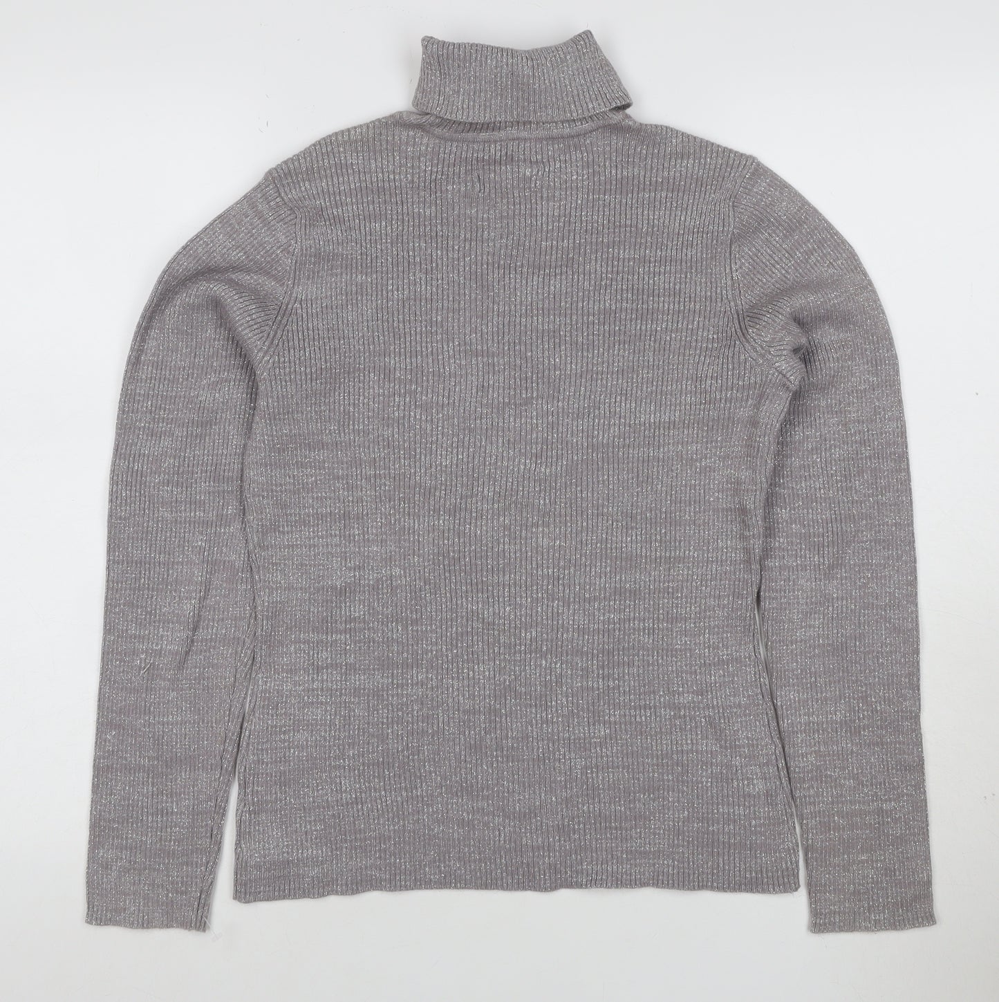 Style & Co. Women’s Silver Metallic Ribbed Roll Neck Jumper L