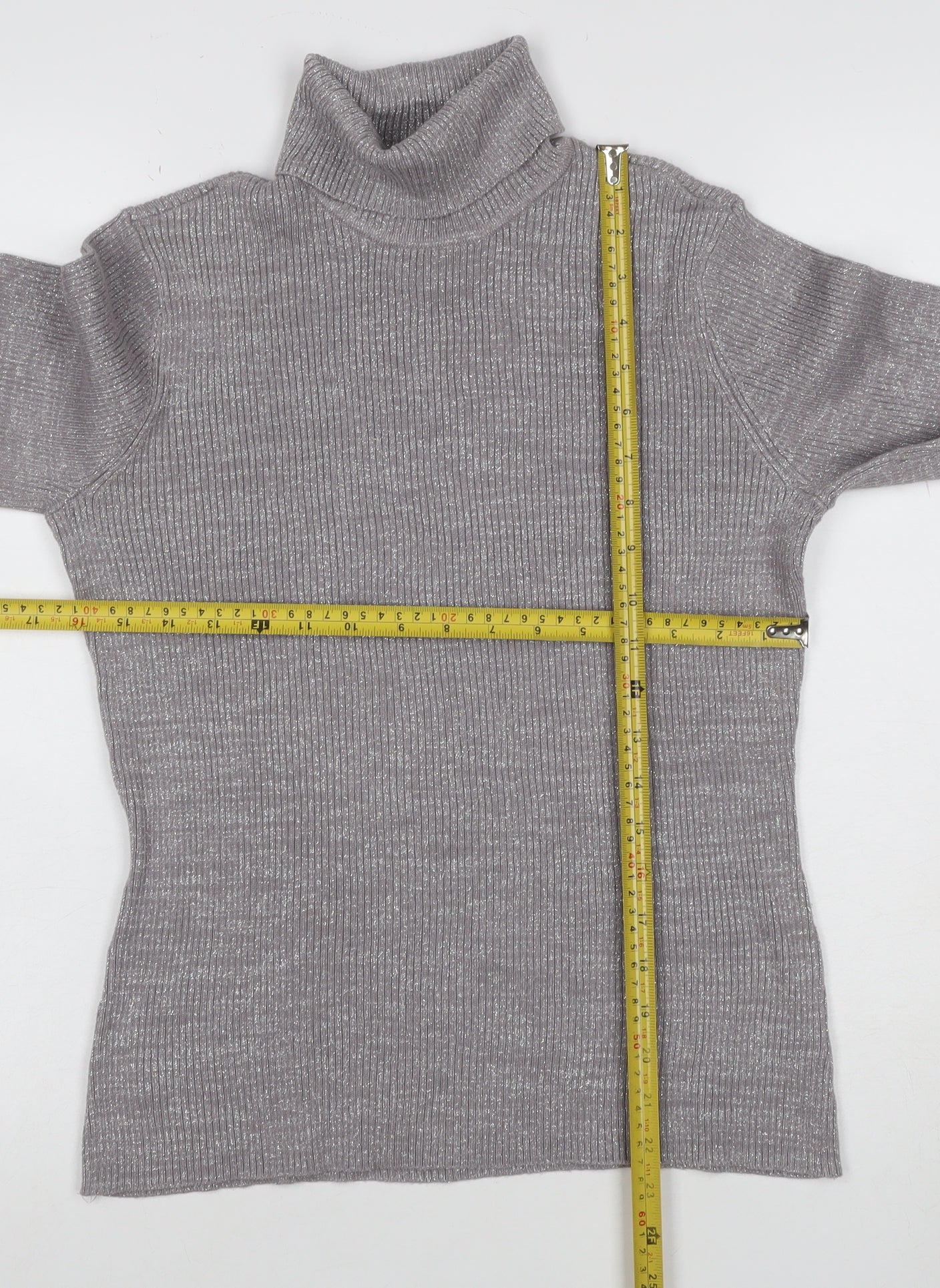 Style & Co. Women’s Silver Metallic Ribbed Roll Neck Jumper L