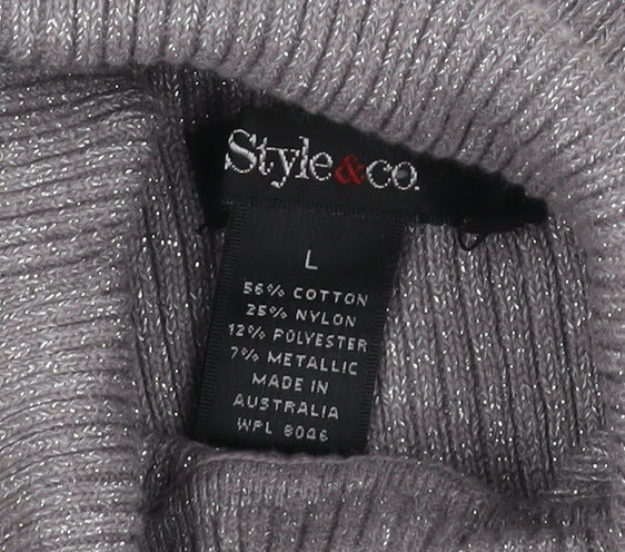 Style & Co. Women’s Silver Metallic Ribbed Roll Neck Jumper L
