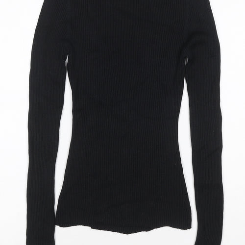 Selfridges Women Black M 100% Silk Rib Knit Long Sleeve Slim Top