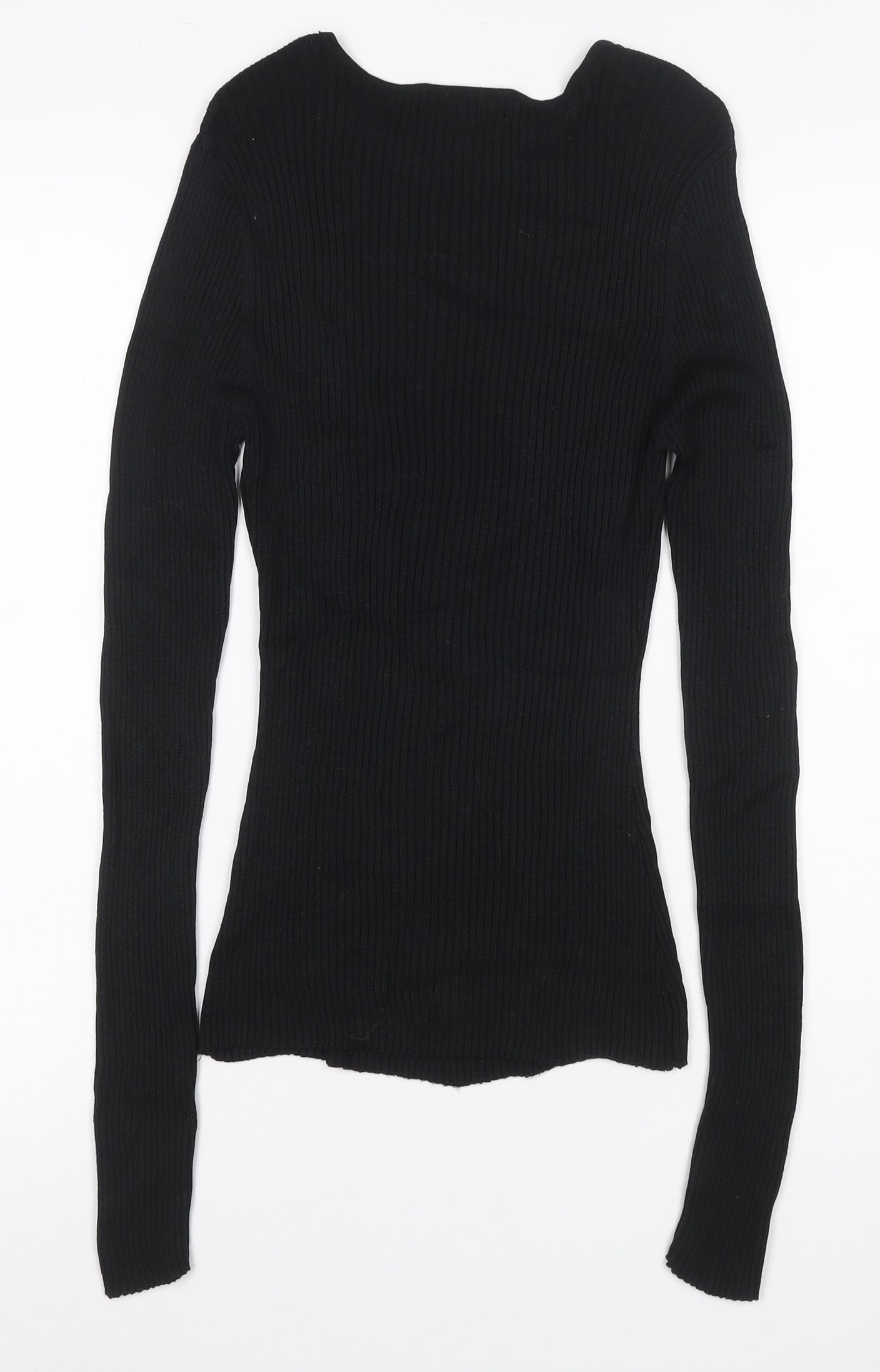 Selfridges Women Black M 100% Silk Rib Knit Long Sleeve Slim Top