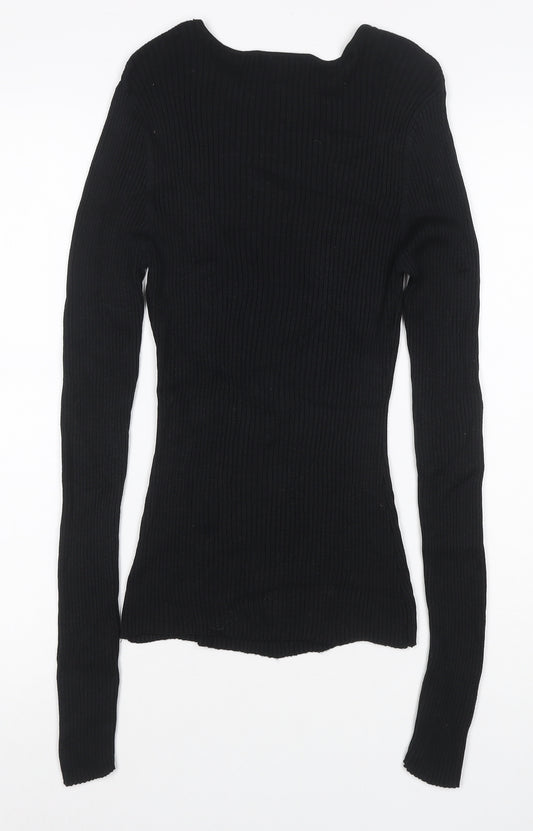 Selfridges Women Black M 100% Silk Rib Knit Long Sleeve Slim Top