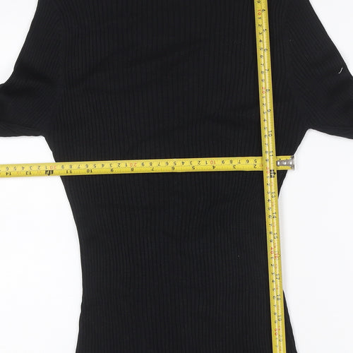 Selfridges Women Black M 100% Silk Rib Knit Long Sleeve Slim Top