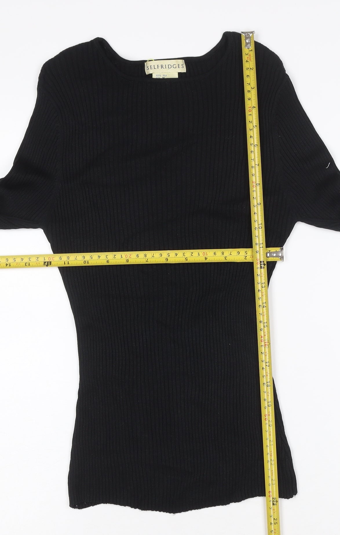 Selfridges Women Black M 100% Silk Rib Knit Long Sleeve Slim Top