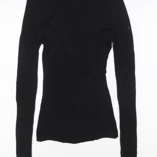 Selfridges Women Black M 100% Silk Rib Knit Long Sleeve Slim Top