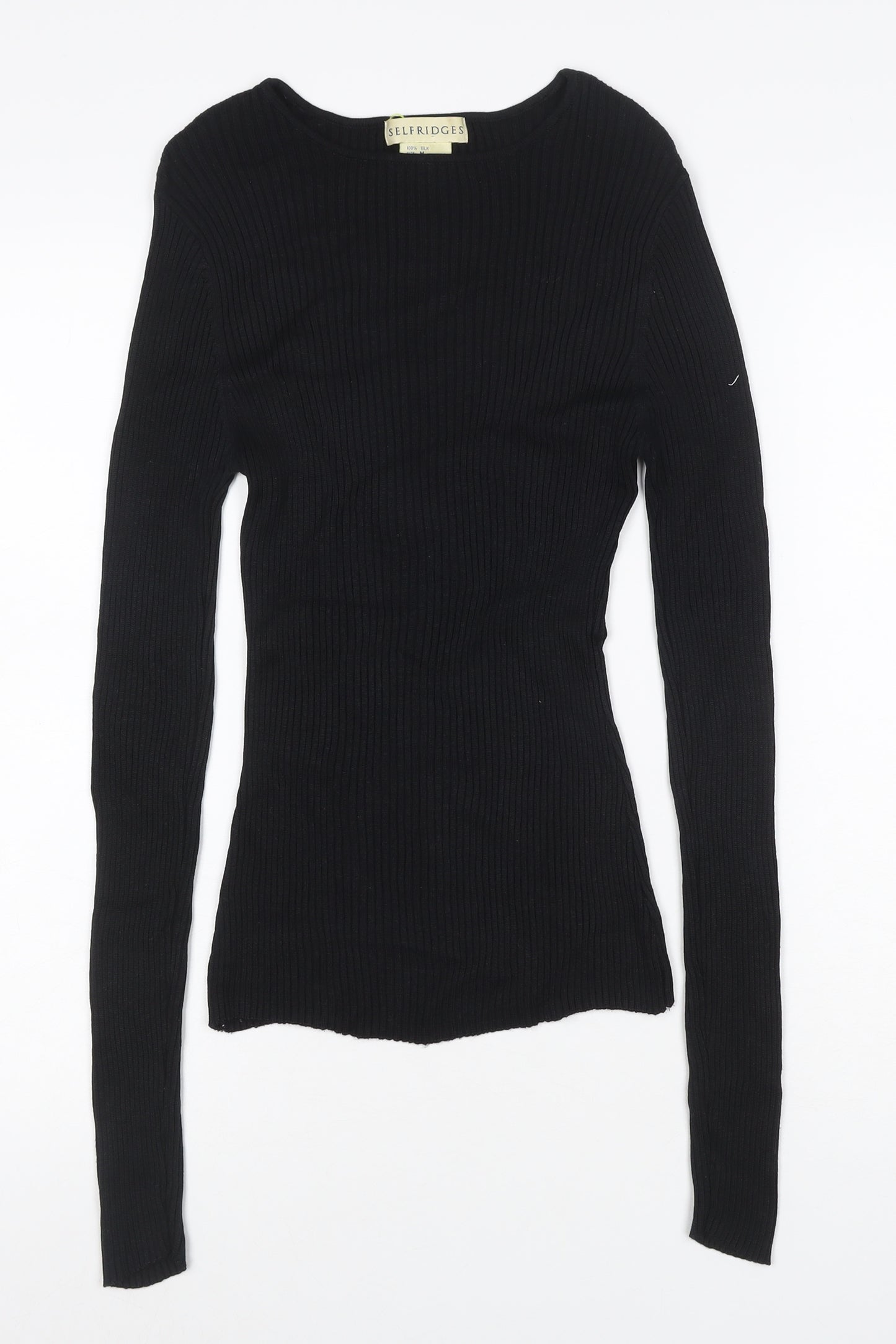 Selfridges Women Black M 100% Silk Rib Knit Long Sleeve Slim Top