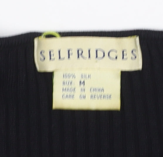 Selfridges Women Black M 100% Silk Rib Knit Long Sleeve Slim Top