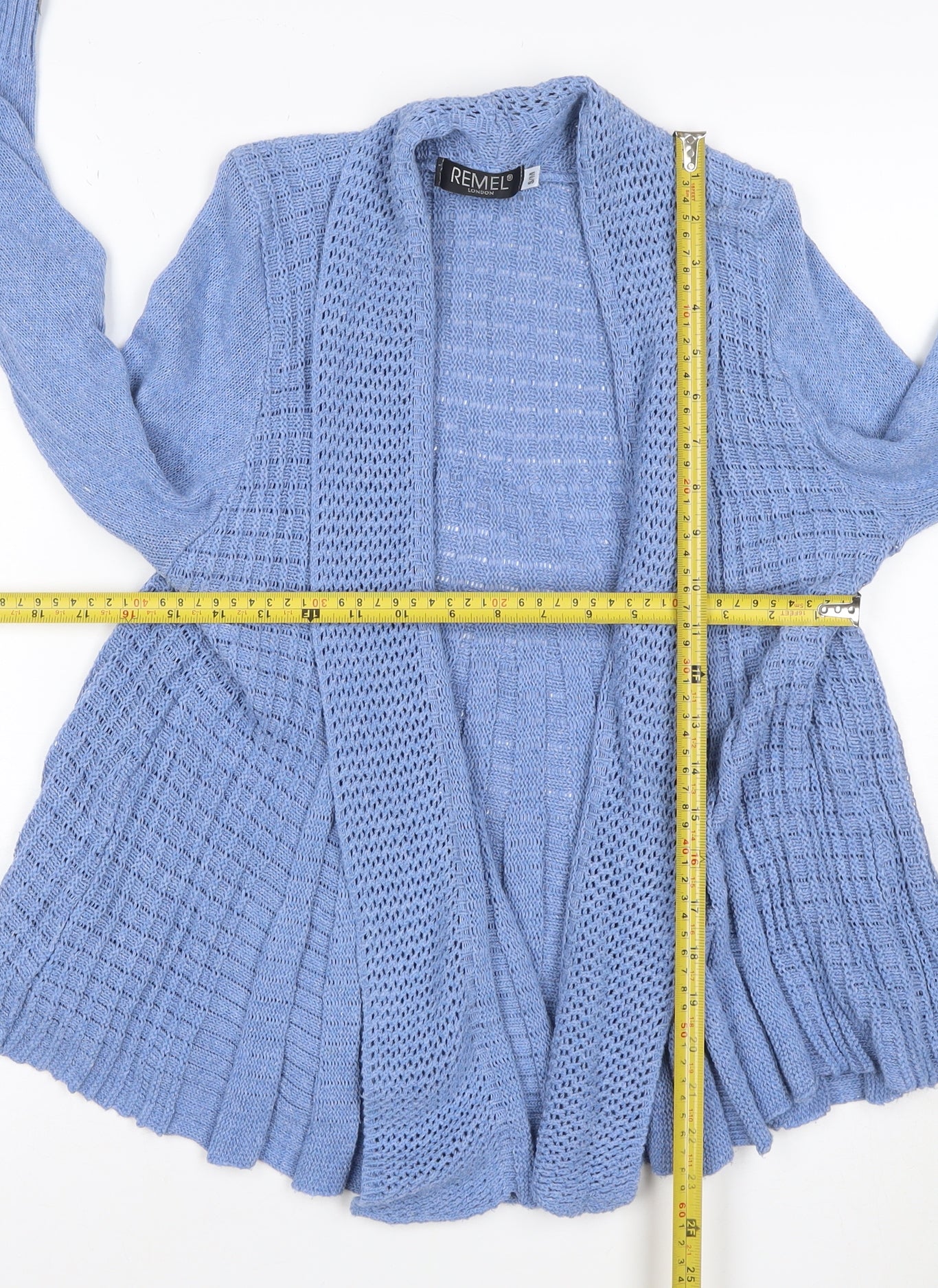 Remel London Women Blue M Open Knit Waterfall Cardigan Long Sleeve