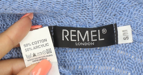 Remel London Women Blue M Open Knit Waterfall Cardigan Long Sleeve