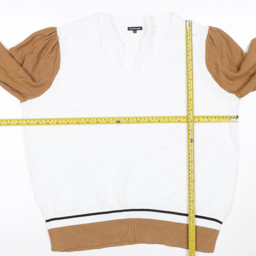 Caroline Biss Women’s UK 16 White Camel V-Neck Puff Sleeve Jumper