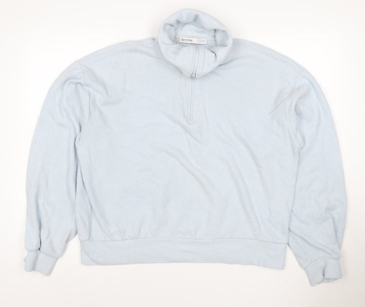 Bershka Women Blue M 1/4 Zip High Neck Knit Sweatshirt