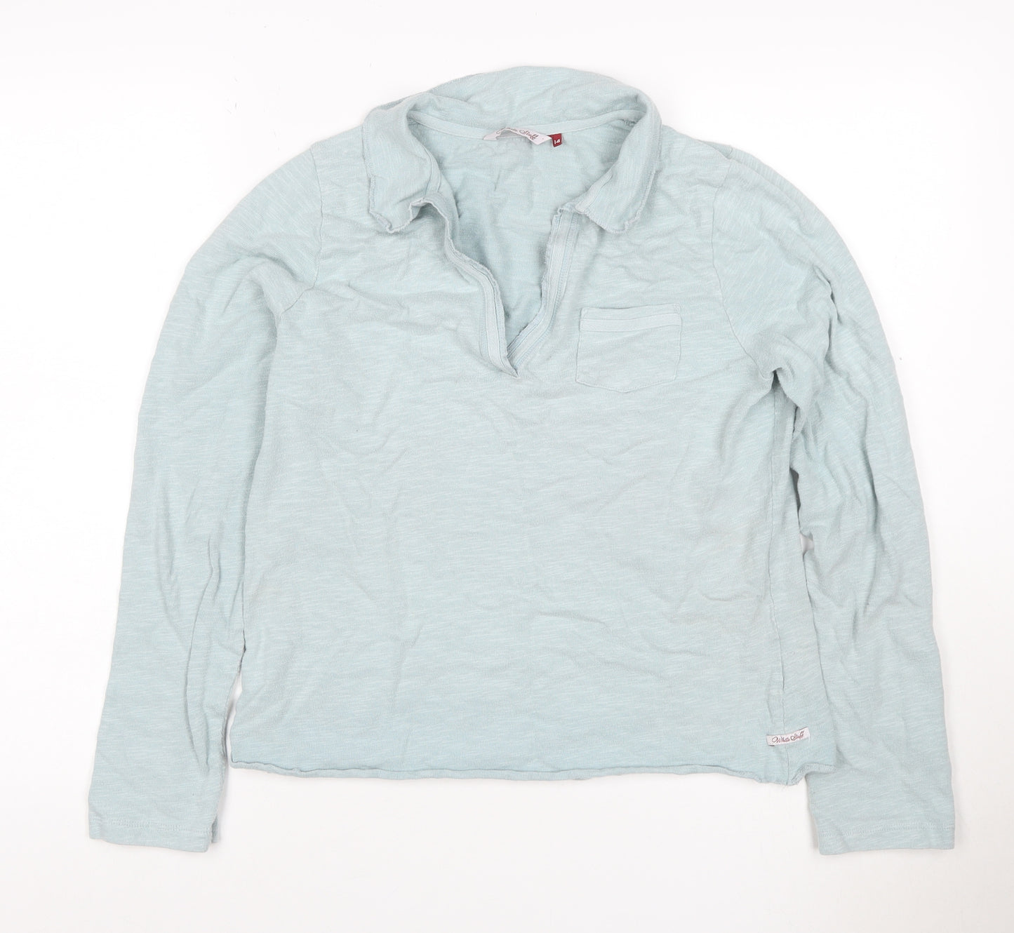White Stuff Women Blue Size 14 Cotton Jersey 1/2 Zip Long Sleeve Polo Top