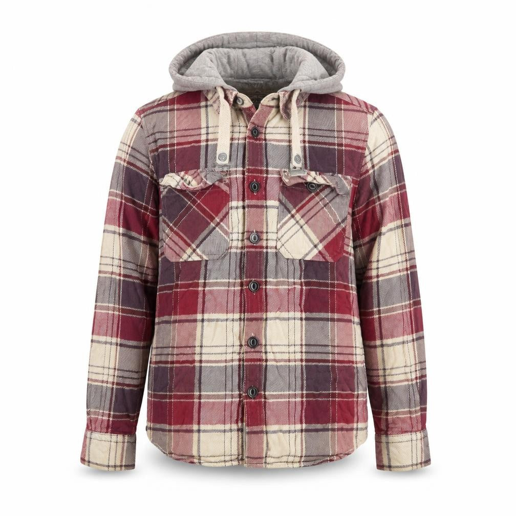 Front view of Drift King Men’s Red Plaid Hooded Cotton Jacket, size L