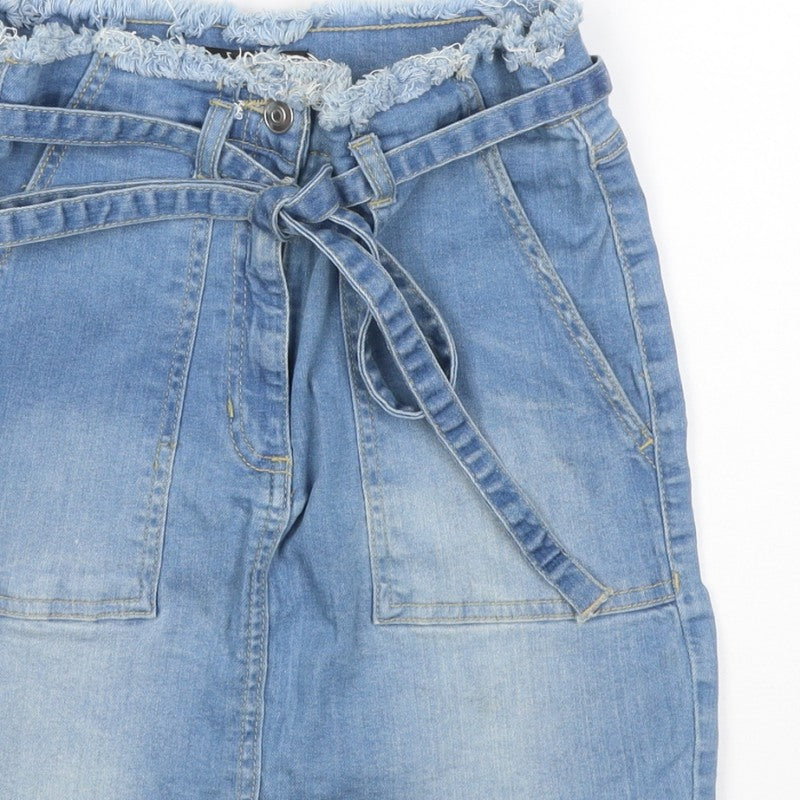 YOUZ Women Blue UK 8 Denim Mini Straight Pencil Skirt Belt Pockets