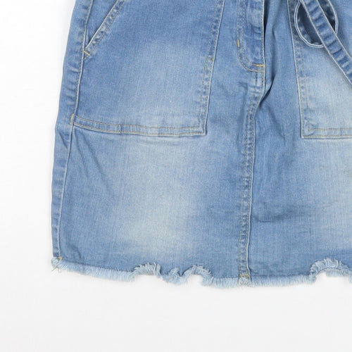 YOUZ Women Blue UK 8 Denim Mini Straight Pencil Skirt Belt Pockets