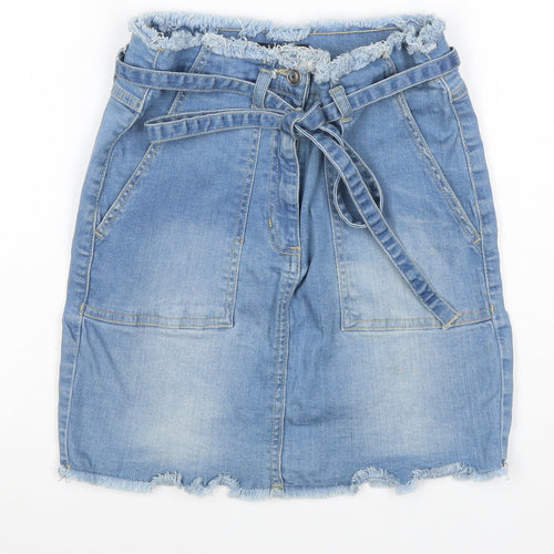 YOUZ Women Blue UK 8 Denim Mini Straight Pencil Skirt Belt Pockets