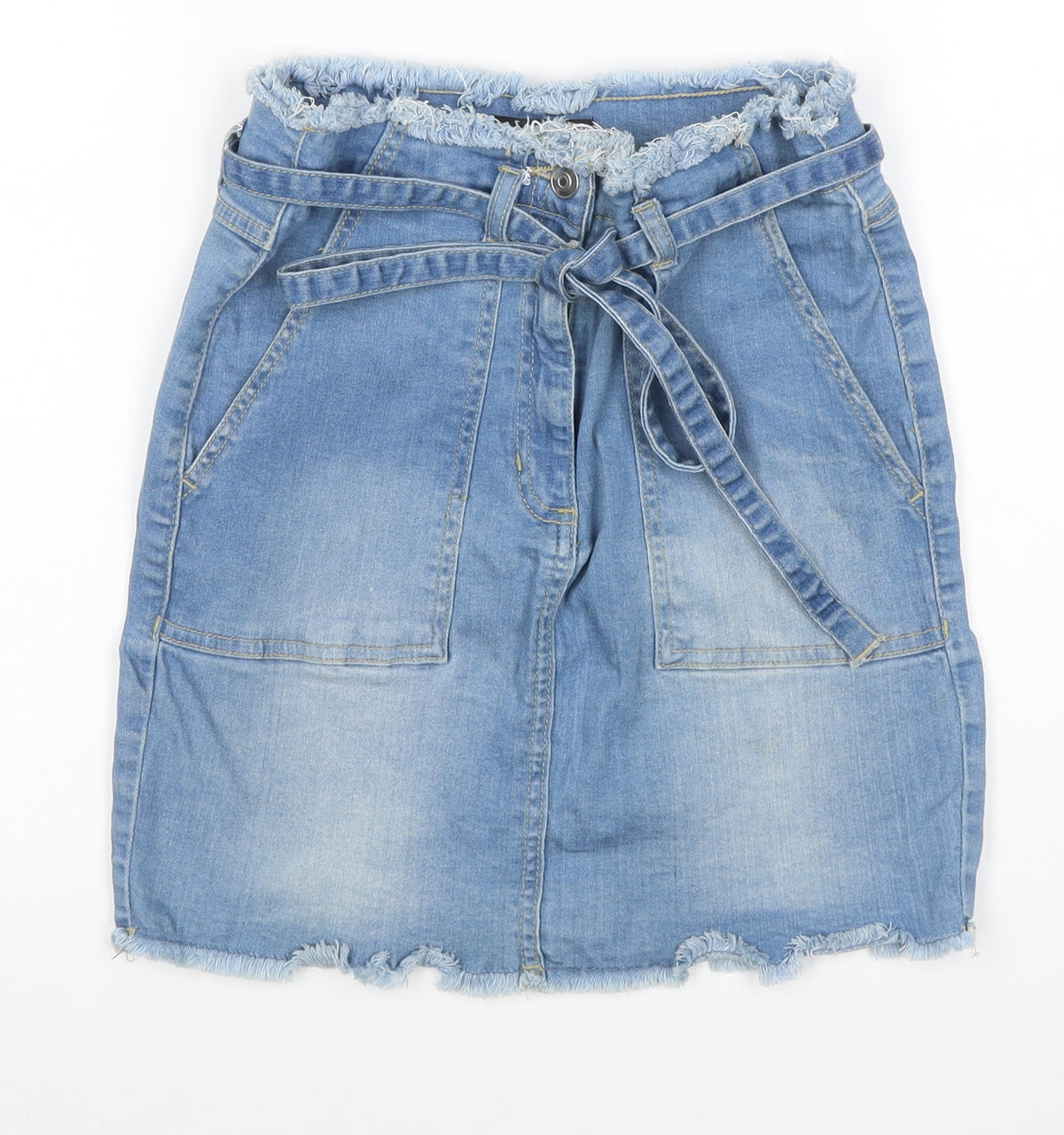 YOUZ Women Blue UK 8 Denim Mini Straight Pencil Skirt Belt Pockets