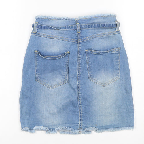 YOUZ Women Blue UK 8 Denim Mini Straight Pencil Skirt Belt Pockets