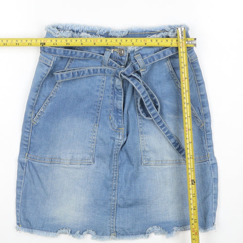YOUZ Women Blue UK 8 Denim Mini Straight Pencil Skirt Belt Pockets