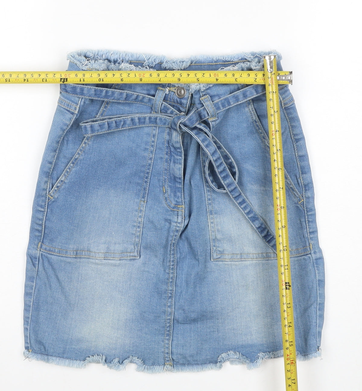 YOUZ Women Blue UK 8 Denim Mini Straight Pencil Skirt Belt Pockets