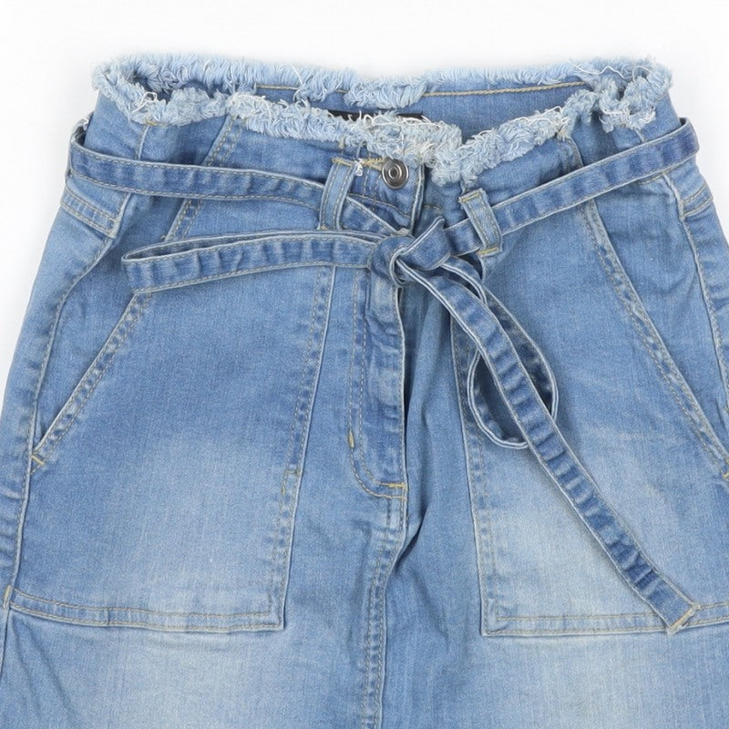 YOUZ Women Blue UK 8 Denim Mini Straight Pencil Skirt Belt Pockets