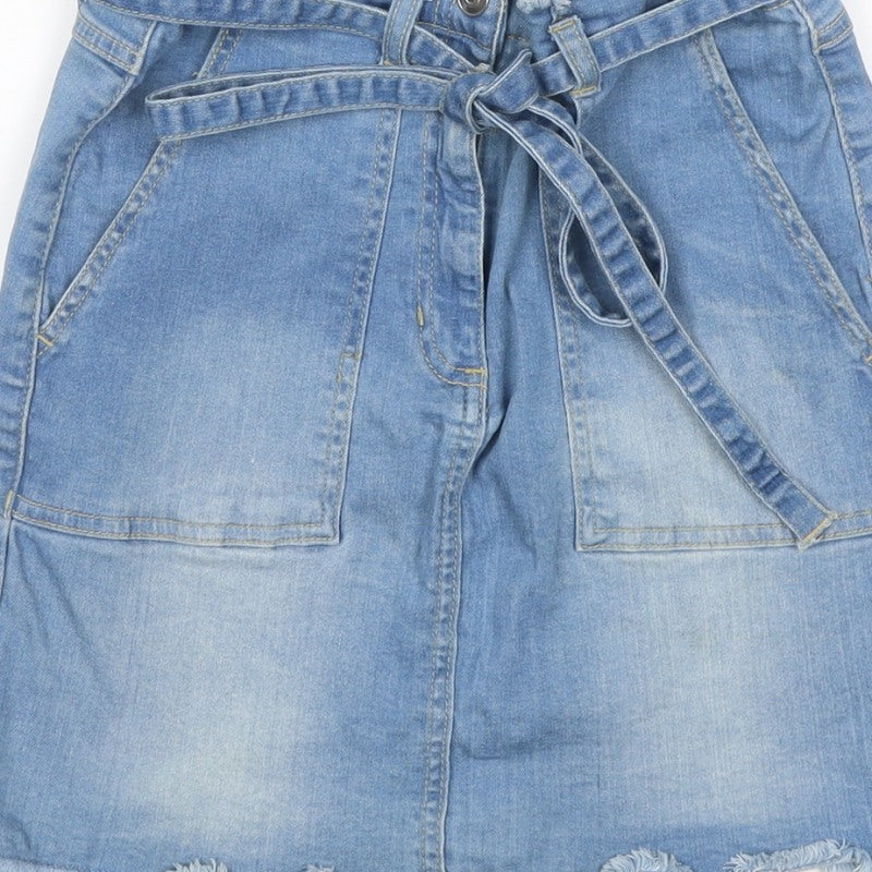 YOUZ Women Blue UK 8 Denim Mini Straight Pencil Skirt Belt Pockets