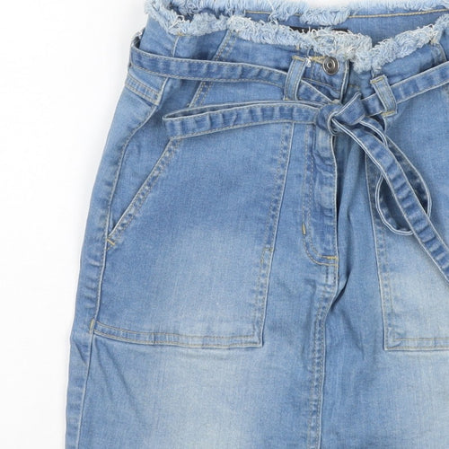 YOUZ Women Blue UK 8 Denim Mini Straight Pencil Skirt Belt Pockets