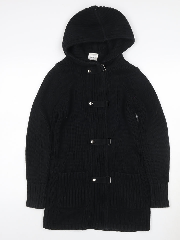 Next Women Black Small Hooded Knit Coatigan Buckle Fastening Pockets