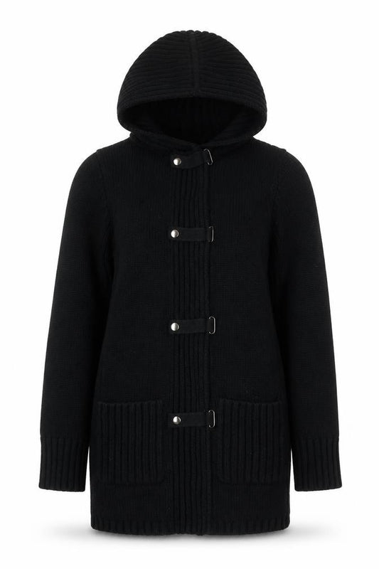Next Women Black Small Hooded Knit Coatigan Buckle Fastening Pockets