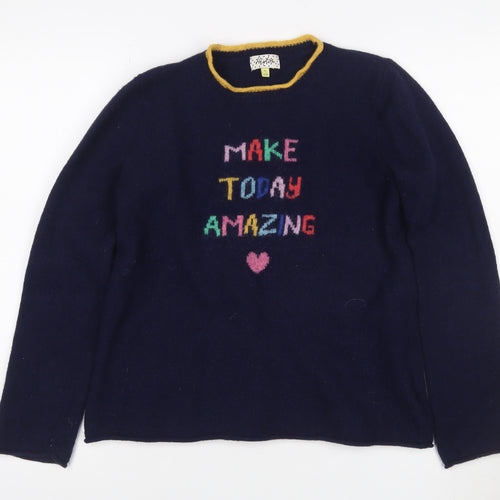Heyton Women’s Blue Multicolour Size 12 Lambswool Slogan Jumper