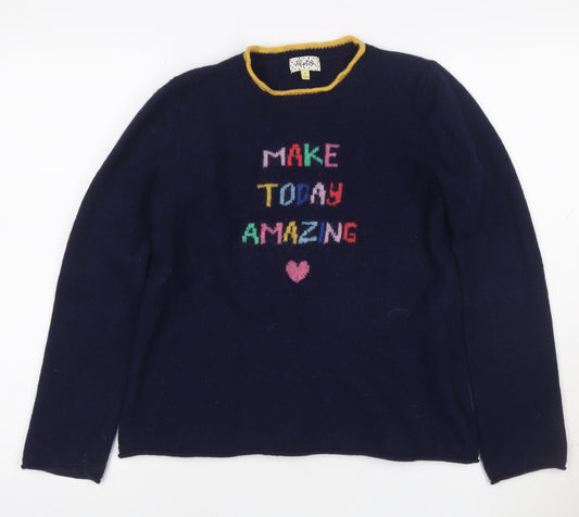 Heyton Women’s Blue Multicolour Size 12 Lambswool Slogan Jumper