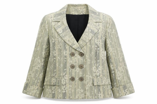 Roman Originals Women Beige Floral Stripe Size 16 Double-Breasted Blazer