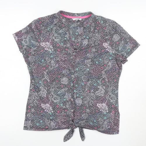 Per Una Women Grey Floral Shell Print Tie Front Button Top UK 12