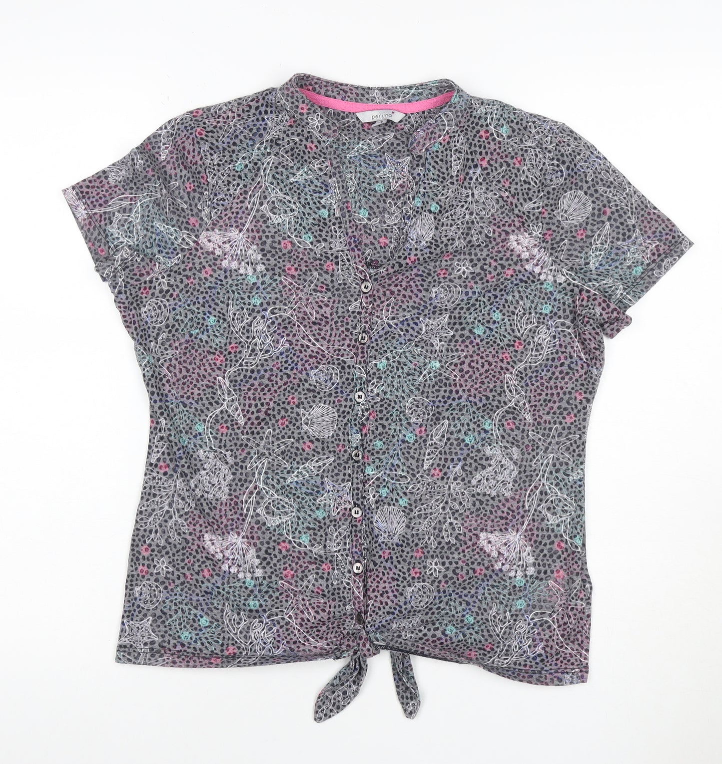Per Una Women Grey Floral Shell Print Tie Front Button Top UK 12