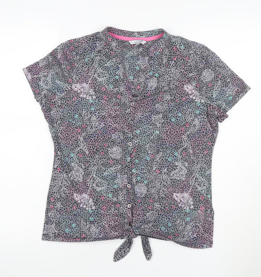 Per Una Women Grey Floral Shell Print Tie Front Button Top UK 12