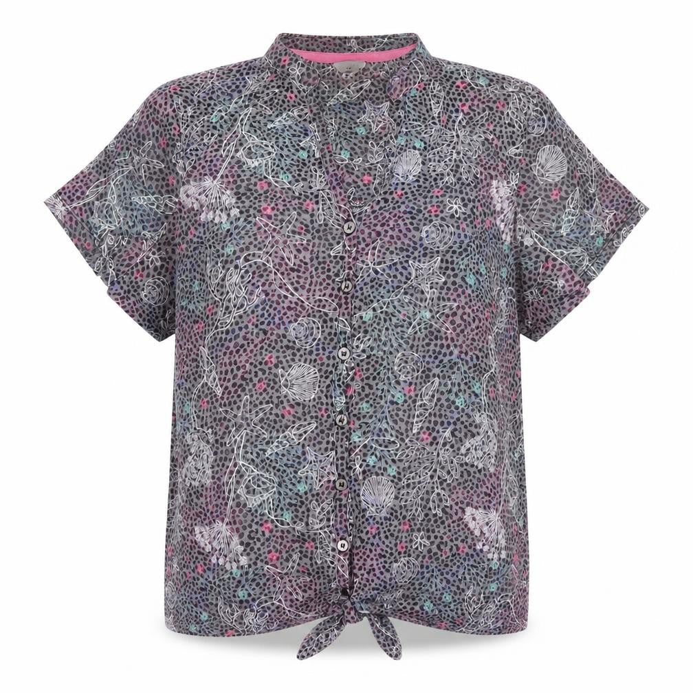 Front view of Per Una Women Grey Floral Shell Print Tie Front Button Top UK 12